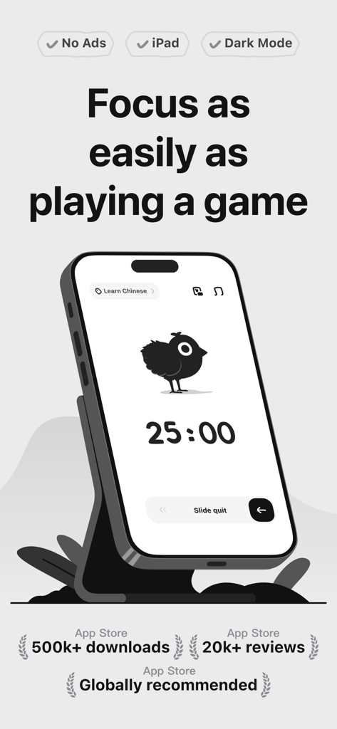 ChickFocus app on an iPhone showing a cute chick character and a 25 minute focus timer