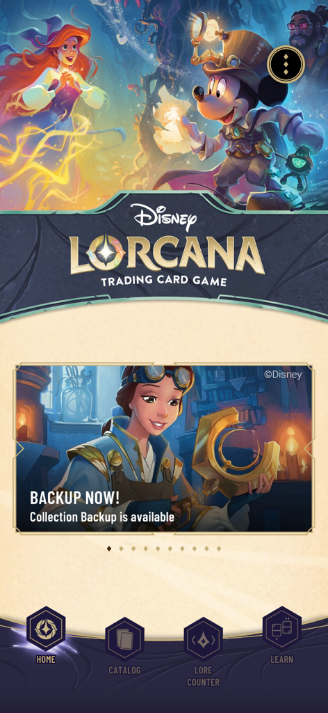 Home screen of the Disney Lorcana TCG Companion app featuring Mickey Mouse artwork and navigation menu