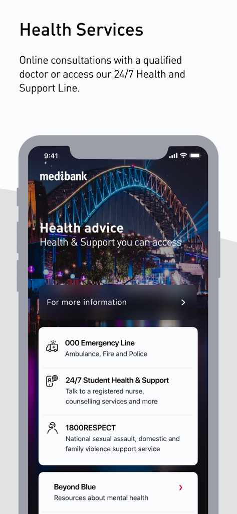 Medibank OSHC app health services screen showing 24/7 student support and emergency lines