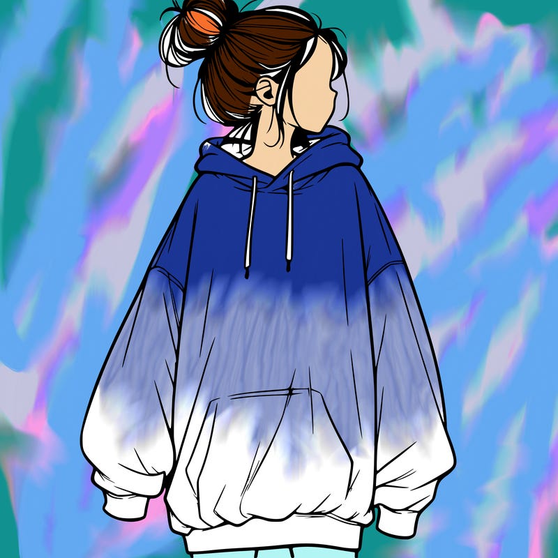 realistic girl with a oversized sweatshirt on and a bun