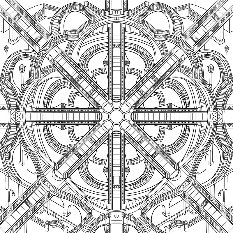 Step into a world where engineering meets artistry with this stunning Pedestrian Bridges Mandala. Its symmetrical patterns and intricate details offer a unique and engaging coloring experience.