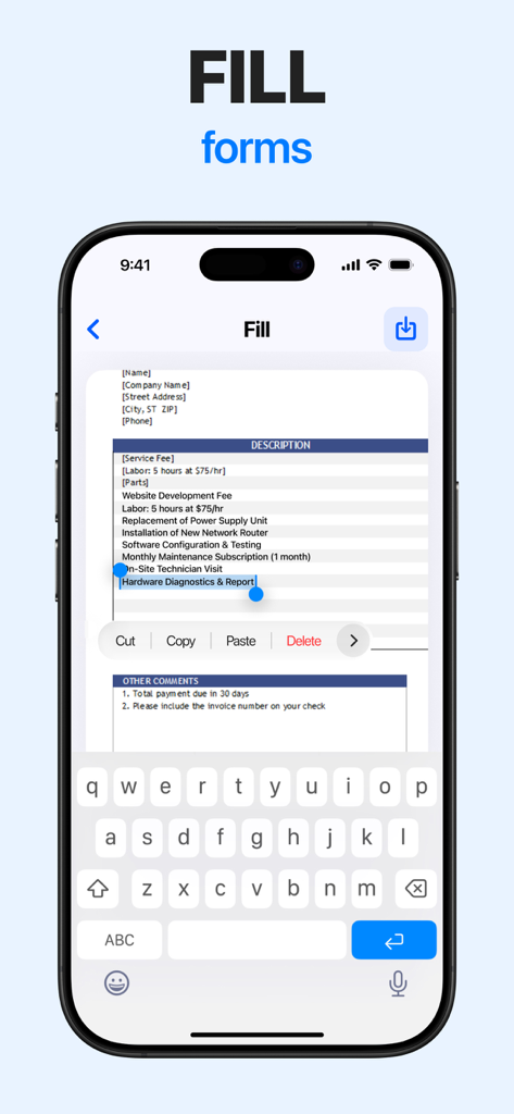 eSign — Fill & Sign Documents - Pantalla móvil mostrando la interfaz de la aplicación eSign para rellenar un formulario de documento profesional