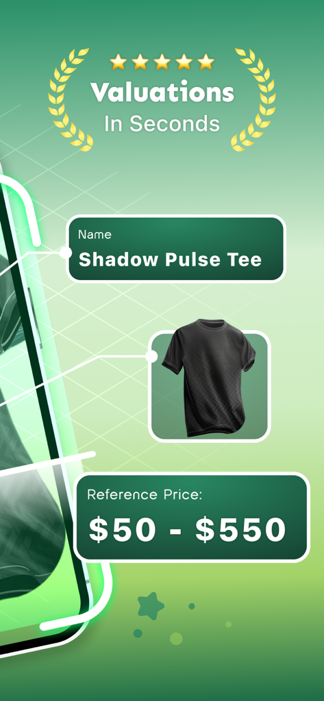 ThriftValue AI: Scan & Profit - Mobile app screen showing an instant resale price valuation of 50 to 550 dollars for a scanned black t-shirt.