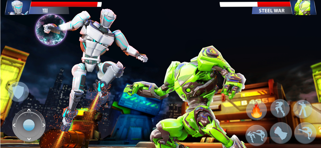 Real Robot Boxing : Macarena - Two 3D robots engaged in a 1v1 combat battle in a futuristic city environment