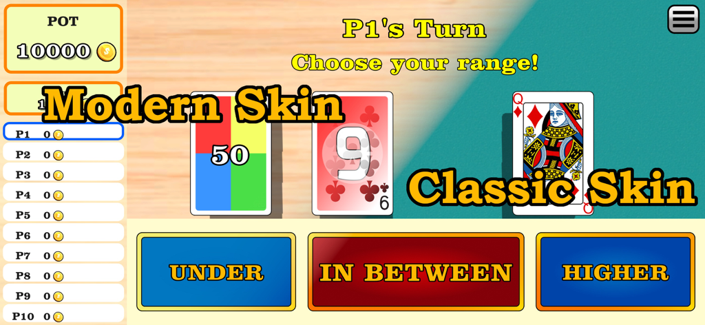 In Between: Numbers Card Game - In Between card game interface showing modern and classic card skin options