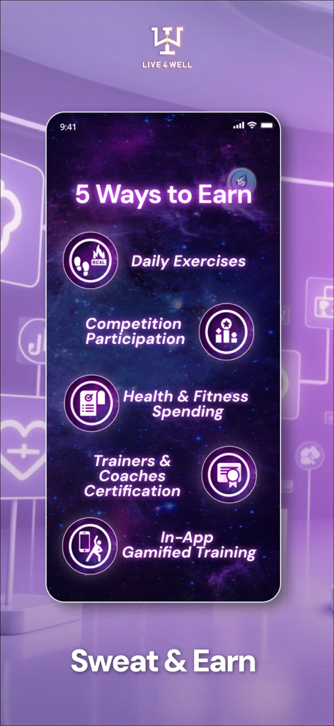 Live4well - Interface do aplicativo Live4well exibindo cinco maneiras de ganhar recompensas, incluindo exercícios diários, competições e treinamento gamificado.