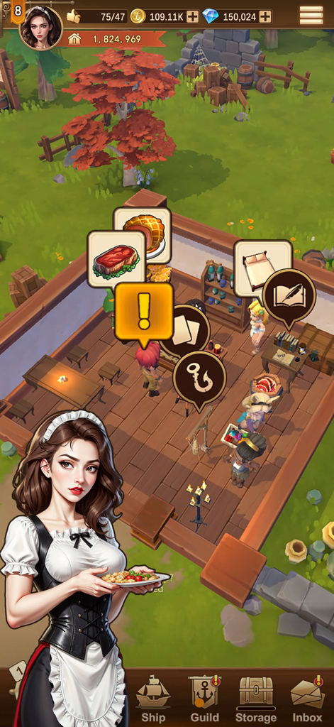Tavern Legend - A medieval tavern management scene in Tavern Legend with a beautiful female server and isometric gameplay icons.