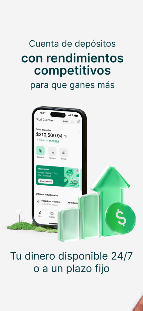 Mobile interface of the Stori app displaying savings account balance and competitive high interest yields.
