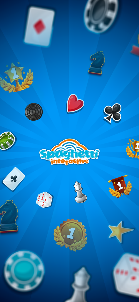 Escoba Más - Juegos de Cartas - Logotipo de Spaghetti Interactive con iconos de juegos como cartas, dados y piezas de ajedrez