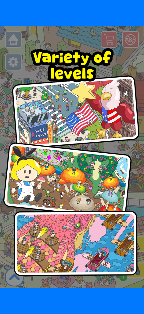 A variety of colorful 2D levels in the Happy Find hidden object game featuring city and fantasy themes