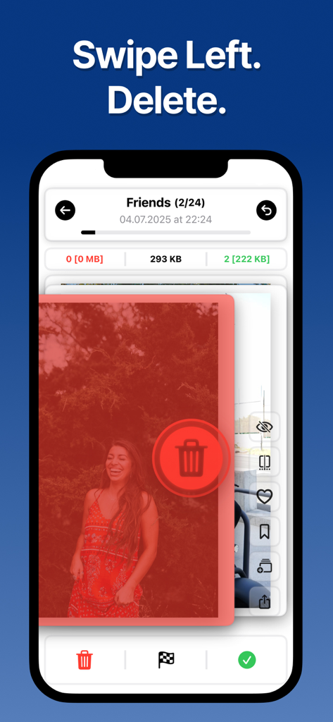 Swipe Photo Cleaner Organizer - The Unroller app interface showing a photo being swiped left to be deleted for gallery organization