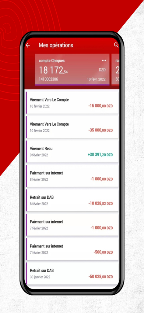 Un écran mobile montrant l'historique des transactions d'un compte courant CNEP Banque avec les détails des virements, des paiements en ligne et des retraits aux distributeurs automatiques en dinars algériens.