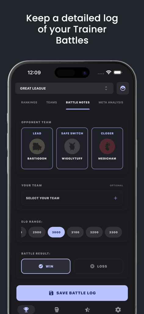 BattleFlow: PoGo PVP Companion - Interface of the BattleFlow app showing the Battle Notes feature for logging Pokemon GO PVP match results and opponent team compositions