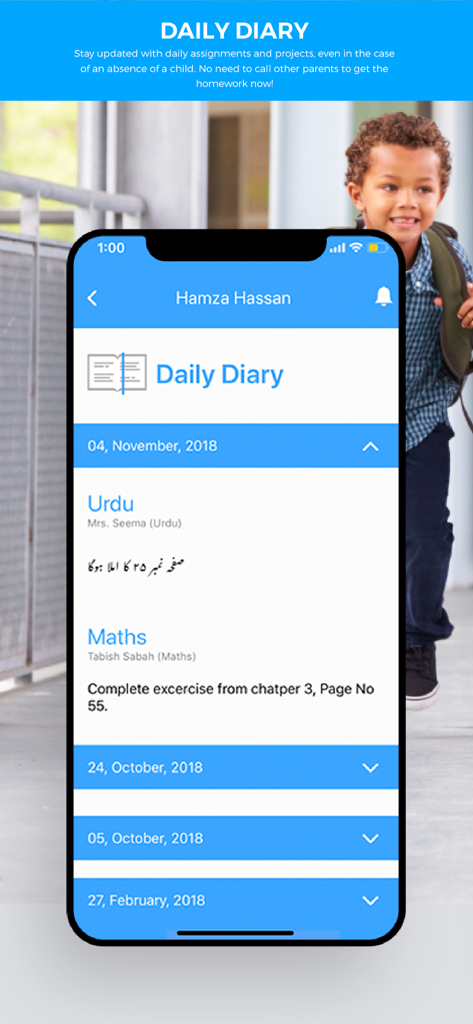Skoolify - A mobile screen showing the Skoolify Daily Diary feature with homework assignments for Urdu and Maths