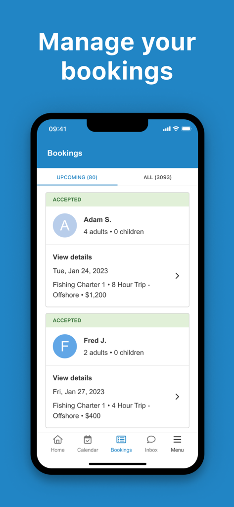 Mobile app interface of FishingBooker for Captains showing a list of upcoming charter bookings