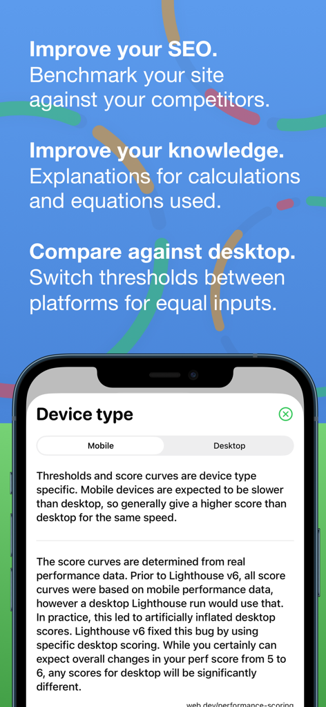 Comparaison des seuils de notation SEO mobile et desktop dans l'application Lighthouse Score