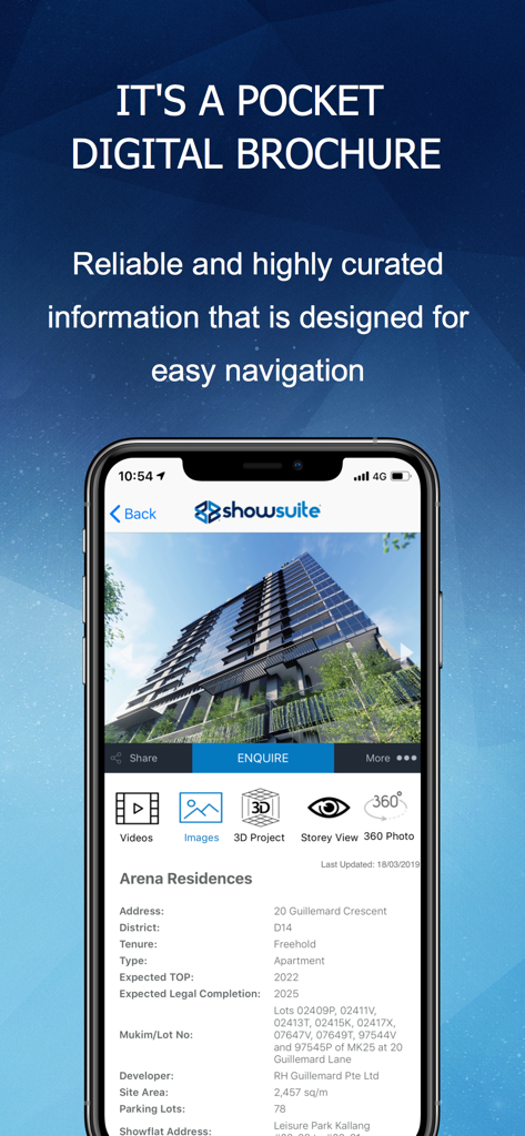 The Showsuite app interface displaying a property brochure for Arena Residences with options for 3D views and project details.