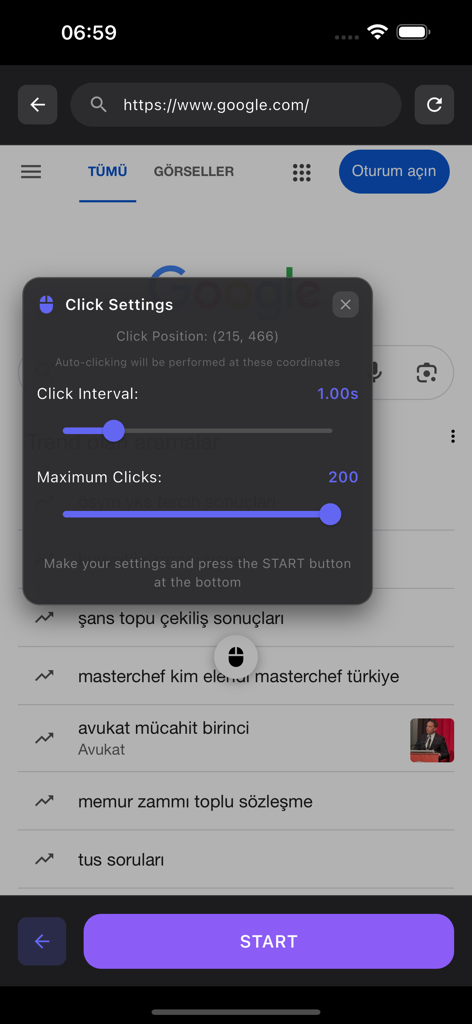 La interfaz de la aplicación AutoClick mostrando la configuración del intervalo de clics y los clics máximos