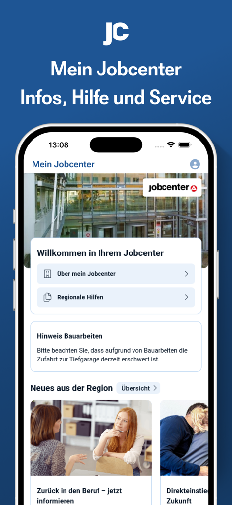Jobcenter-App - 독일어로 서비스 옵션 및 지역 정보가 표시된 Jobcenter 앱 홈 페이지를 보여주는 스마트폰 화면.