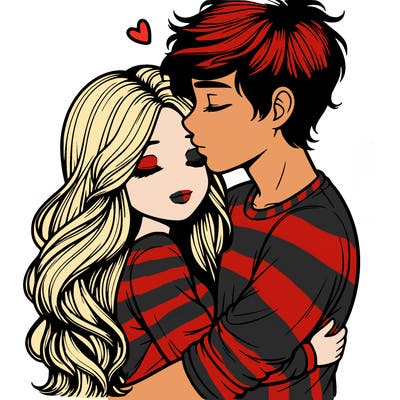 a realistic couple boy and girl hugging and kissing