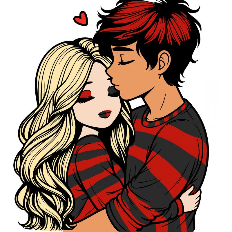 a realistic couple boy and girl hugging and kissing