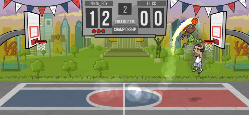 Basketball Battle NO WIFI Game - 필라델피아 공원 코트에서 1대1 길거리 농구 경기 중 덩크를 하는 카툰 농구 플레이어