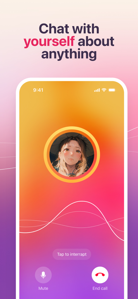 Interface of the AI Twin app showing a voice call screen with the heading Chat with yourself about anything.