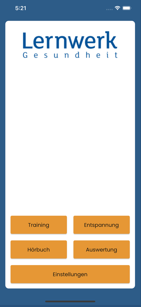 Lernwerk - Main menu of the Lernwerk Gesundheit app showing options for training, relaxation, audiobooks, and evaluation.