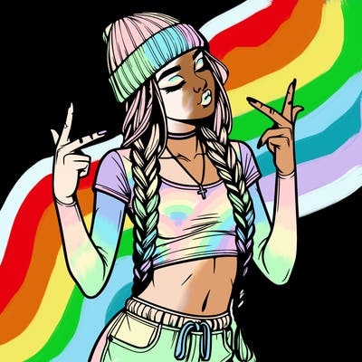 realistic teenage girl with braids and a beanie and crop top doing 🫶🏼