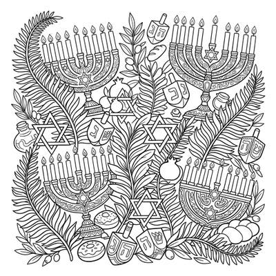 Dive into the festive spirit of Hanukkah with this intricate coloring page, beautifully merging traditional symbols with the natural elegance of giant ferns. Perfect for a unique holiday coloring experience, this design offers hours of creative relaxation.