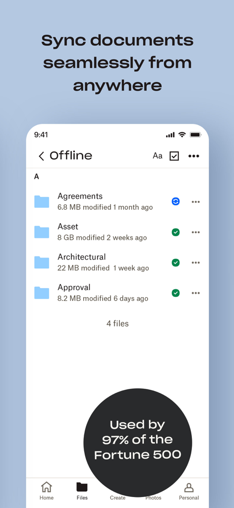 Dropbox app interface showing a list of synced offline folders and a badge stating it is used by 97 percent of Fortune 500 companies.