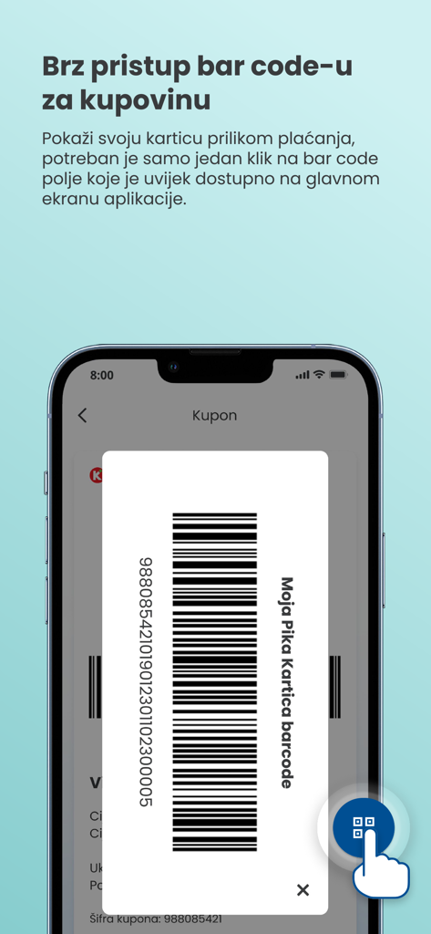Código de barras digital Pika Kartica para acceso rápido a compras en un teléfono móvil