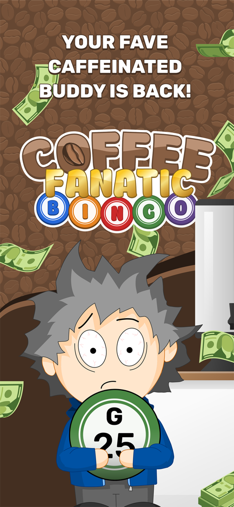 Coffee Fanatic Blackout Bingo - コーヒー豆の背景に落ちてくる現金とビンゴボールを持つカフェイン中毒のキャラクター。