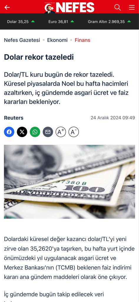 Nefes Gazetesi - Nefes Gazetesi mobile app interface showing a Turkish news article about the US dollar exchange rate and economic news.