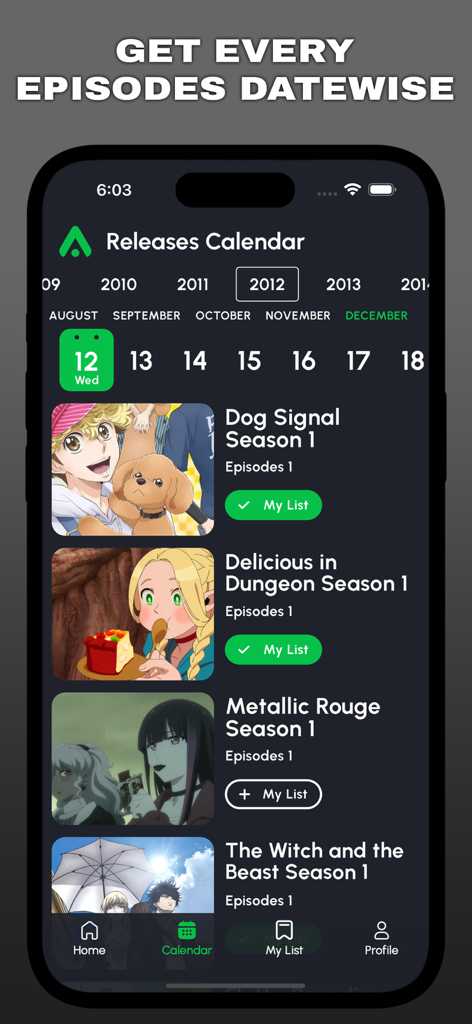 Interface du calendrier de sortie des animes de l'application AniVerse montrant les horaires des épisodes d'anime quotidiens