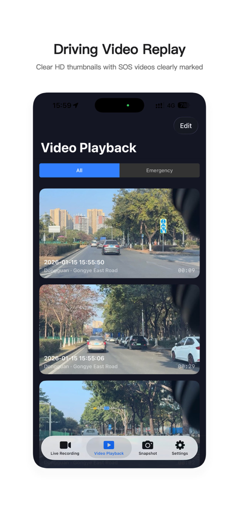 LüTuJi - Dash Cam & Video Rec - Oberfläche, die eine Liste von aufgenommenen Fahrvideos mit Standort- und Zeitstempeln anzeigt
