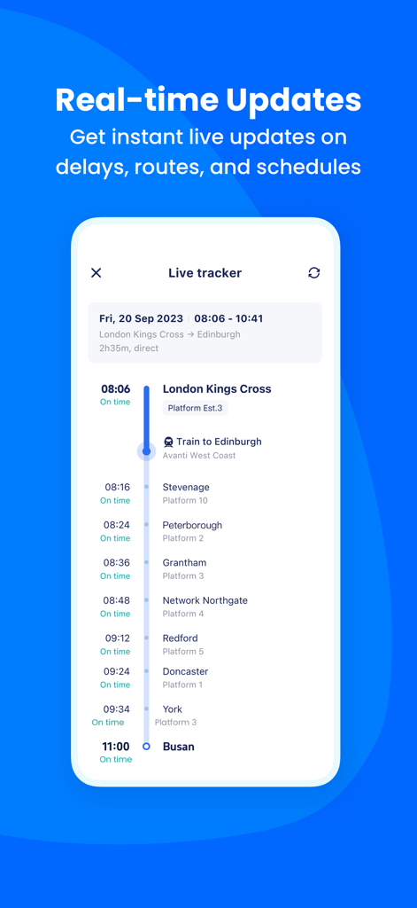TrainPal: UK& EU train tickets - A screenshot of the TrainPal app live tracker showing real-time train schedule updates and station info