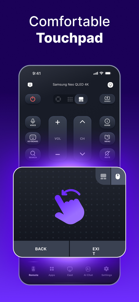TV Remote Pro & Screen Mirror - Mobile app screenshot displaying a comfortable touchpad interface for controlling a smart TV