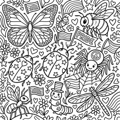 Dive into a vibrant world of creepy-crawlies celebrating love and diversity with this unique Insects & Arachnids Pride coloring page. Discover a delightful collection of butterflies, bees, spiders, and more, all adorned with festive Pride Month symbols.