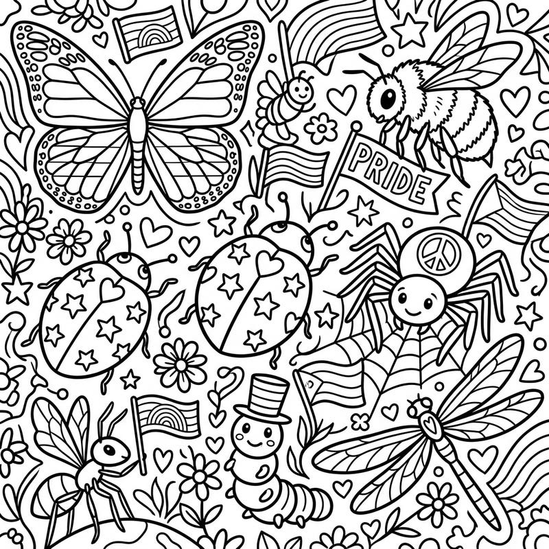 Dive into a vibrant world of creepy-crawlies celebrating love and diversity with this unique Insects & Arachnids Pride coloring page. Discover a delightful collection of butterflies, bees, spiders, and more, all adorned with festive Pride Month symbols.