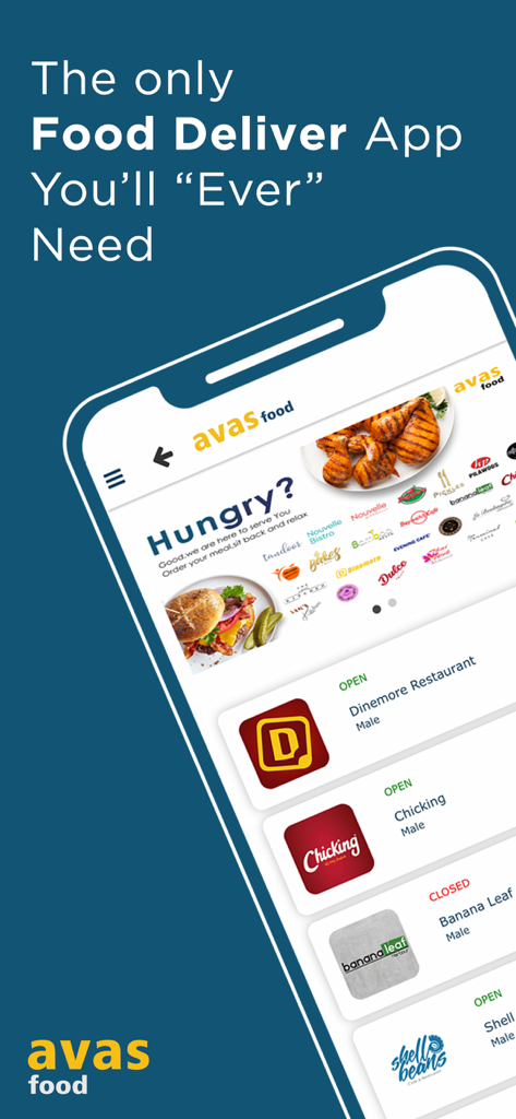 AVAS Food delivery app interface showing restaurant listings on a smartphone