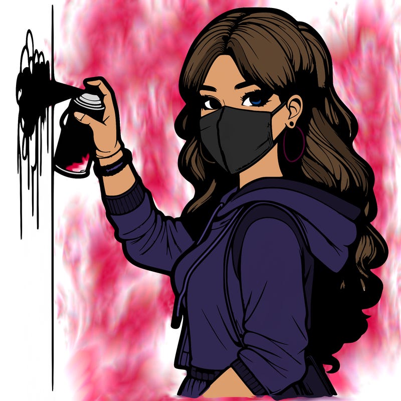 realistic girl with mask spray painting a wall