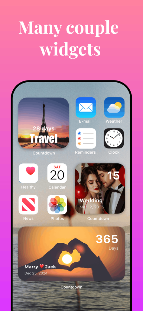 A collection of personalized couple widgets on an iPhone home screen for tracking anniversaries and milestones.
