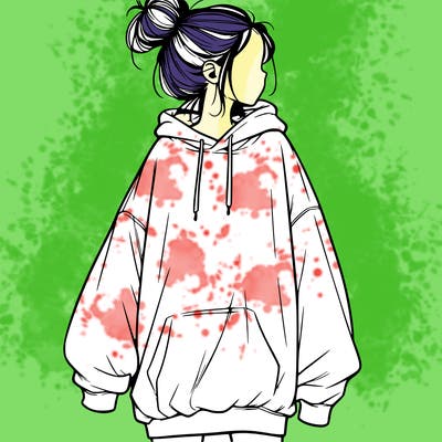 realistic girl with a oversized sweatshirt on and a bun
