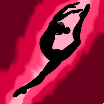 gymnast doing a leap in a leotard with a bent back leg