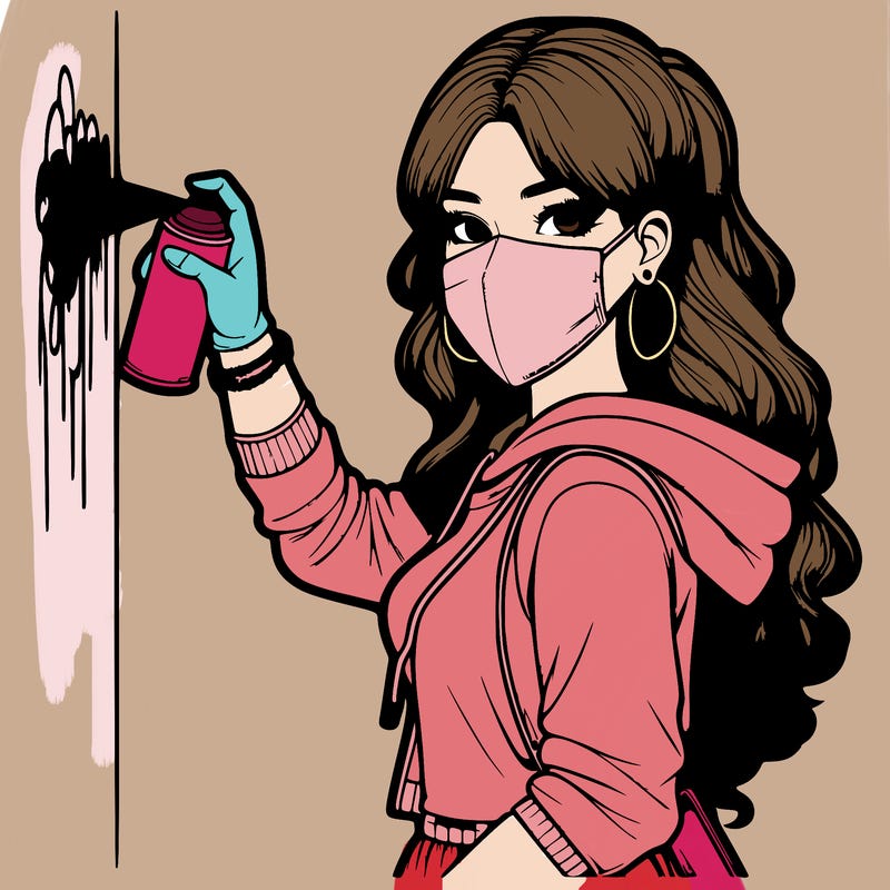 realistic girl with mask spray painting a wall