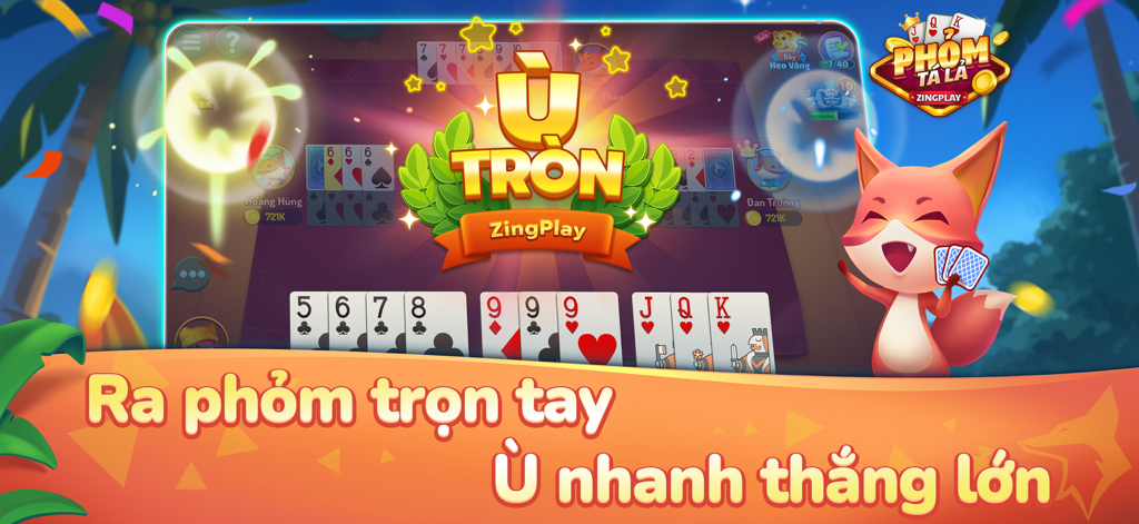 Phỏm Tá Lả ZingPlay Global - Pantalla de juego de Phom Ta La ZingPlay mostrando una mano ganadora y una linda mascota zorro