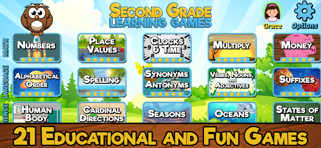 Main menu of the Second Grade Learning Games app showing a variety of math language and science topics