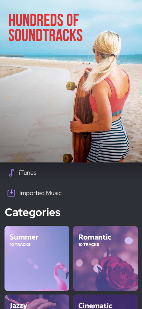 Screenshot of the Add Background Music app showing music categories like Summer and Romantic alongside a library of soundtracks