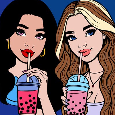 two realistic teen girls drinking boba